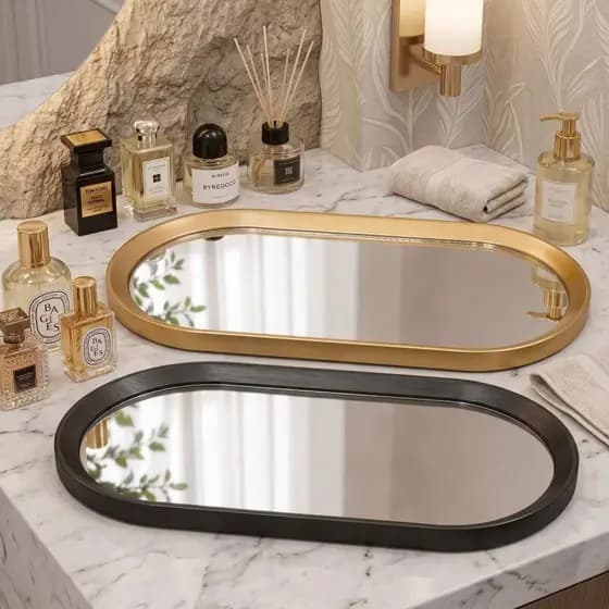 Kit 2 Bandejas Espelhadas Luxuosa Dourada Preta Decorativas Porta Maquiagem Lavabo ENVIO IMEDIATO