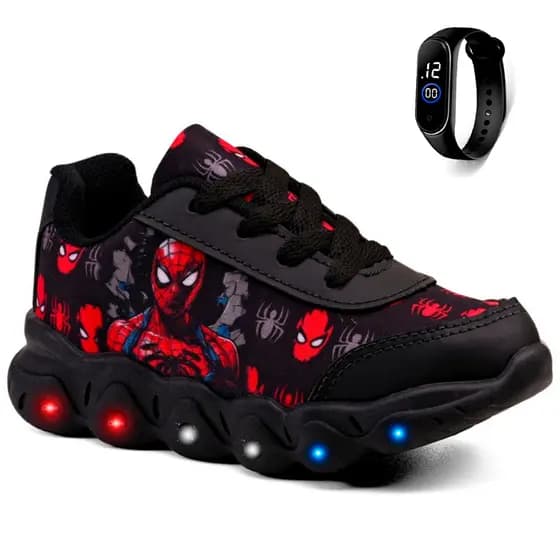 Kit Tênis Infantil Masculino Homem Aranha Com Led Casual + Relógio Digital