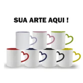 Caneça Personalizada Porcelana Alça de coração logo foto presente lembrancinhas 325 ml Interior Colorido Paes e Mães