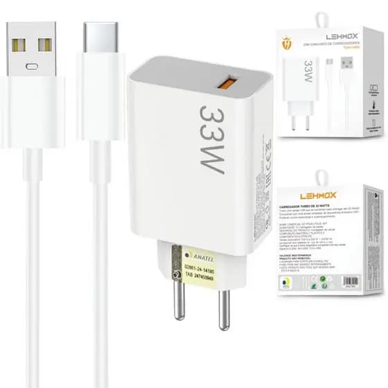 Carregador Turbo Power Lehmox 33W Compatível iPhone 7 8 11 12 13 15 Branco