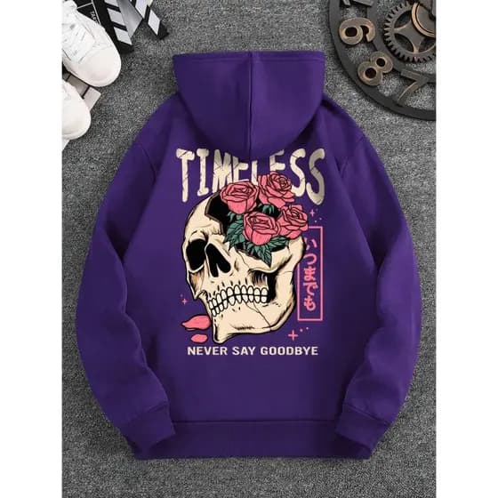 Moletom Roxo Estampado Costas Caveira Algiodão Canguru Gorro Bolso Premium Inverno
