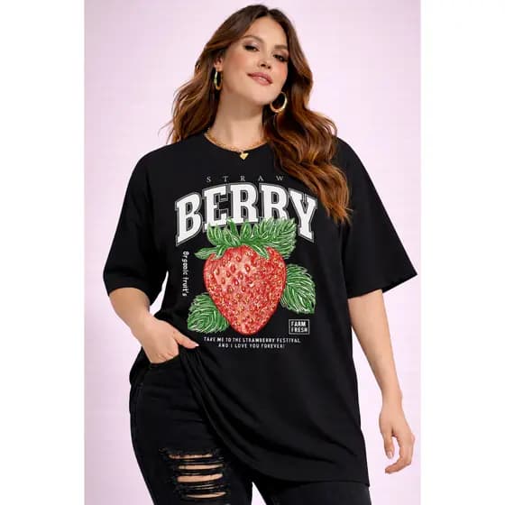Camiseta Plus Size Feminina Estampa Morango Strawberry Casual Confortável