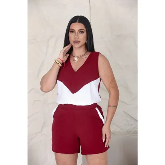 Conjunto Feminino Short e Blusa Regata Bicolor Decote em V Modelo Premium