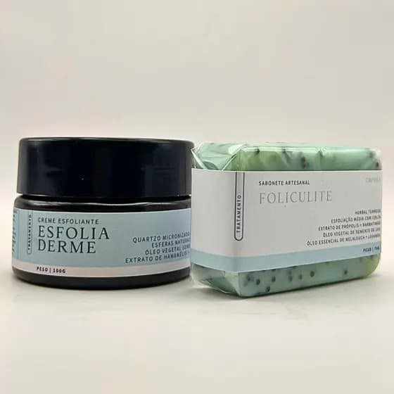 KIt Esfolia Derme 100g + Sabonete Foliculite 70g Trata Foliculite Pelos Encravados Aperezas Oleosidade Excessiva Textura