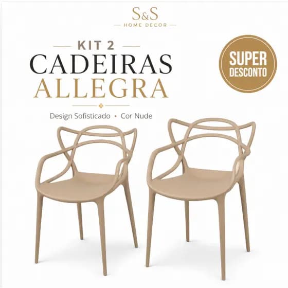 IMPERDÍVEL - Kit 2 Cadeiras Nude ou Preta Allegra Moderna Sala de Jantar Cozinha Escritório