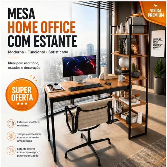 Mesa Escrivaninha Industrial Home Office Gamer Estante 5 Prateleiras Estilo Moderno Preto