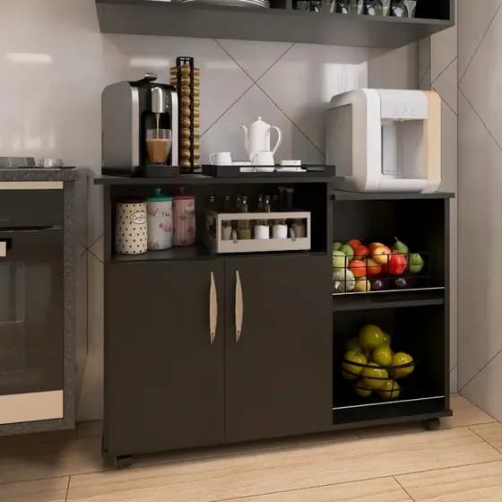 Balcão Organizador Cozinha Luxo com Fruteira e Suporte Microondas Moderno Preto Compacto