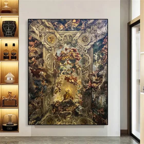 Quadro Cartaz de arte vintage renascentista, dourado e azul floral pessoas dentro do templo, para casa, decoração de sala