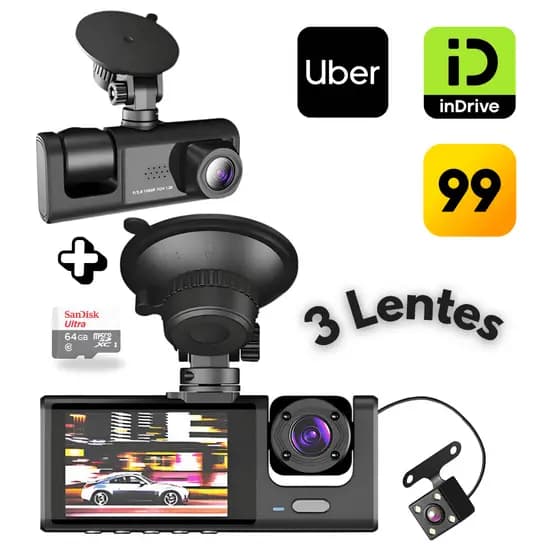 Câmera Veicular Tripla Dashcam Full Hd Com Display + Cartão 64gb - 99 Uber Taxi