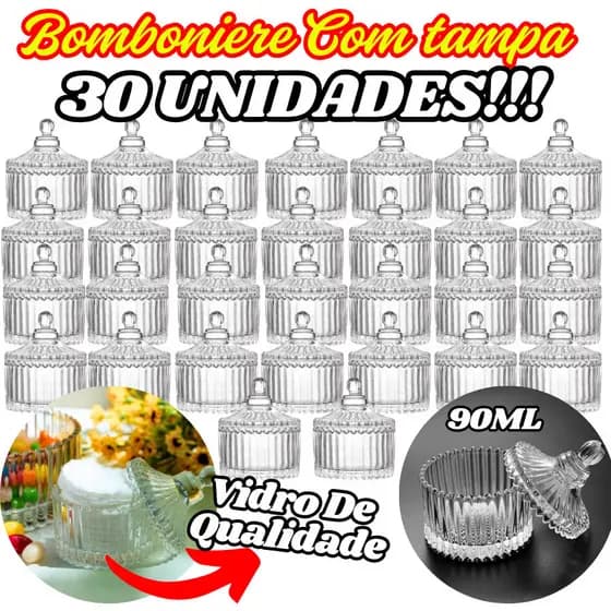 KIT 30 Unidades Bomboniere Com Tampa De Vidro 90ML 9x6x4Cm Para Doces Velas Multiuso Decorativo