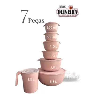 Kit Bowl Potes Plásticos Redondo 07 peças (5 Bowls + 1 Jarra 1,800 ML + Saladeira 5,8L) Rosa