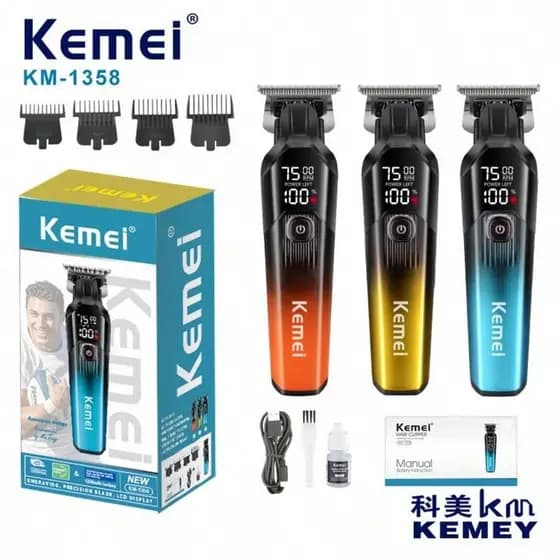 Máquina de Cortar Cabelo e Barba KM-1358 – Motor 7500RPM, Bateria 1200mAh, Display LED Turbo