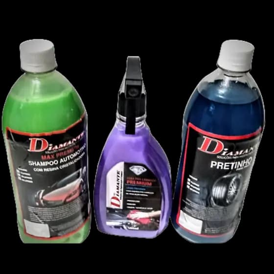 Kit Automotiva Carro e Moto Shampoo 1Lt Pretinho Limpa Pneu Cera 1 Lt + Cera Líquida 500 ML