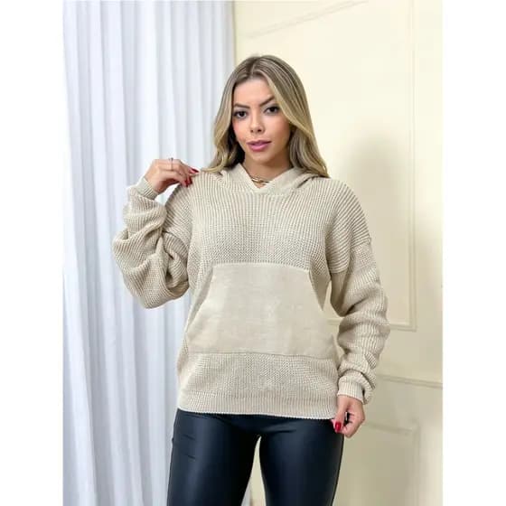 Trico blusa moletom tricot comcapuz e bolsos feminina novo 2026