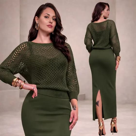 Conjunto Feminino Tricot Premium com Blusa Vazada ou Casaqueto Com Vestido Midi com Fenda Elegante Tricô Inverno
