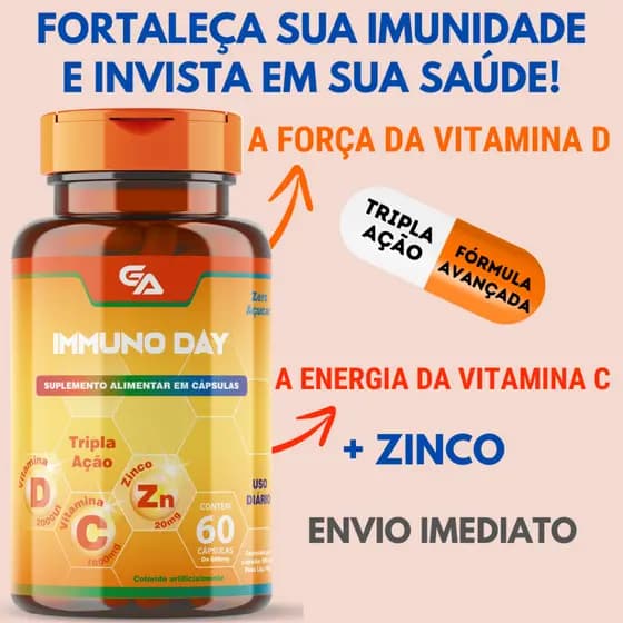 Vitamina D3 2000UI + Vitamina C 1000mg + Zinco 20mg - Tripla Ação - 60 Cápsulas - Immuno Day
