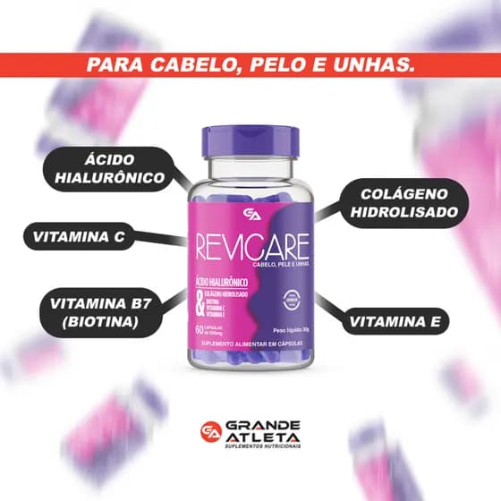 Colágeno Hidrolisado, Ácido Hialurônico, Biotina, Vit. C & E Cabelo, Pele e Unha - Revicare 60 Caps