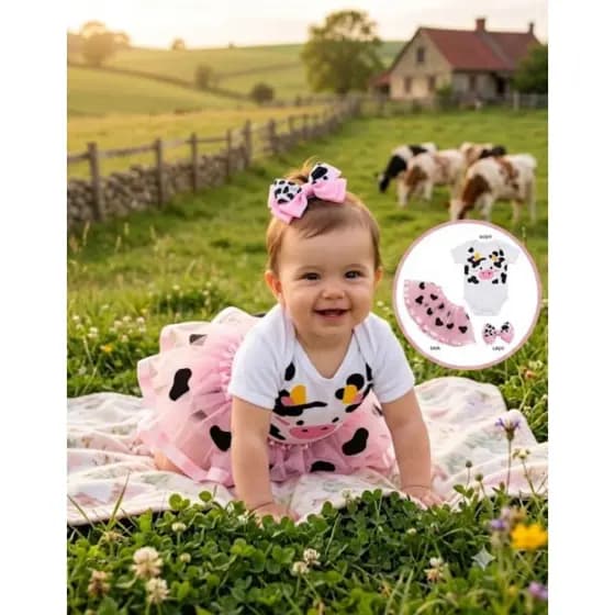Kit 3 peças Body Bebê menina Temático Rosto Vaquinha COm Laço e Saia Tutu + Caixa de presente