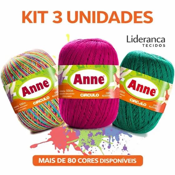 Kit 3 Linhas Anne Círculo 500m – 100% Algodão Mercerizado para Crochê e Tricô