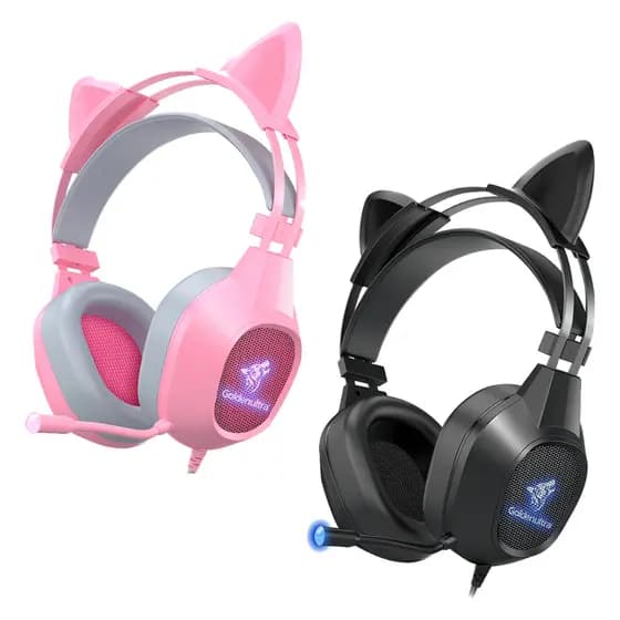 Fone Headset Gamer Gatinho com Fio e LED RGB Fone de ouvido- Orelhas Removíveis, Microfone e Controle de Volume