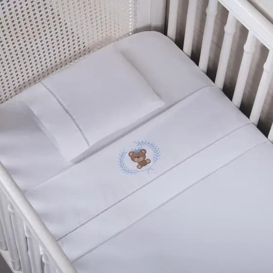 Lençol Berço Avulso Teddy Azul 3 Peças Americano Ponto Palito Percal 200 Fios