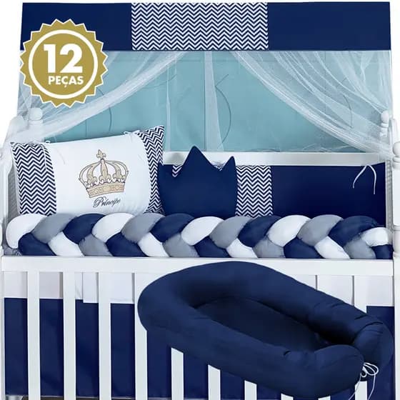 Kit Berço Slim Coroa Marinho com Ninho – 12 Peças | Padrão Americano