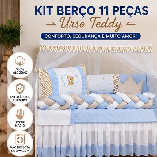 Kit Berço Bebê Urso Teddy 11 Peças – Enxoval Completo Premium Padrão Americano