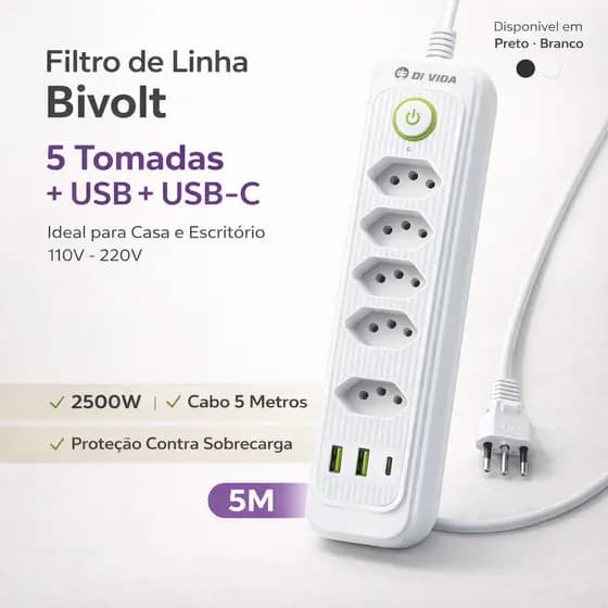 Filtro de Linha 5M com 5 Tomadas + 2 USB + USB-C 2500W Bivolt com Interruptor | Régua de Tomada para Casa e Escritório