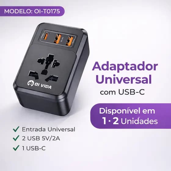 Adaptador de Tomada Universal com 2 USB 5V2A + USB-C Bivolt Compacto para Viagem Casa Escritório