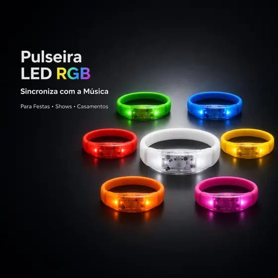 Kit Pulseira LED Som Reativo RGB Várias Cores Festa Show Casamento 10 20 30 50 Unidades