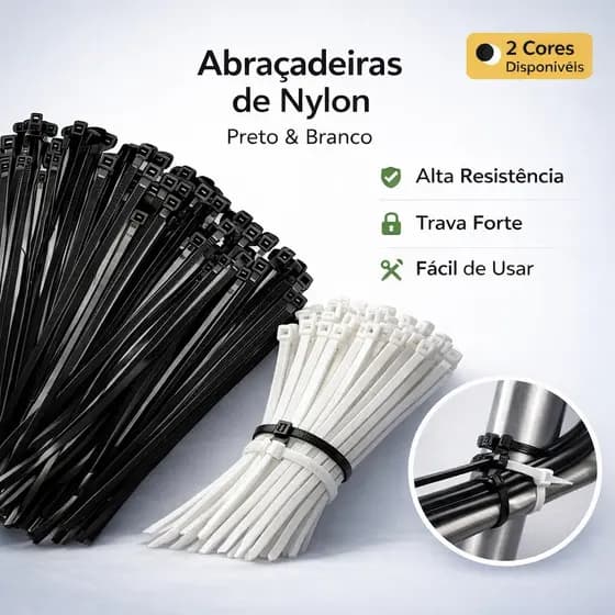 Abraçadeiras Nylon Organizador de Cabos Enforca Gato 100 200 300 Unidades Multiuso Preto Branco