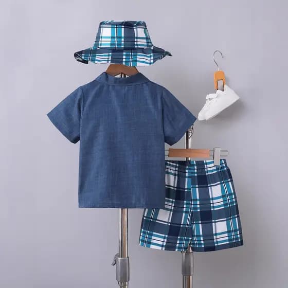 Verão meninos xadrez camisa de lapela fina Shorts de manga curta terno Casual respirável comércio exterior Custo