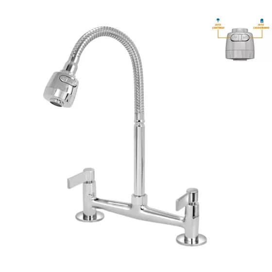 Torneira Misturador Gourmet Mesa Pia Bancada Flexível Tubo Cromado 2 jatos 1/4 de Volta Metal c65