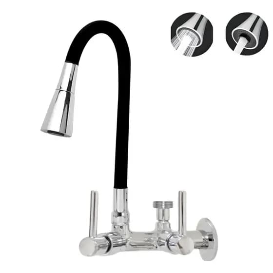 Torneira Cozinha de Parede Flexível Preto e Cromado Com Saida Para Maquina de Lavar e Purificador Filtro 3/4