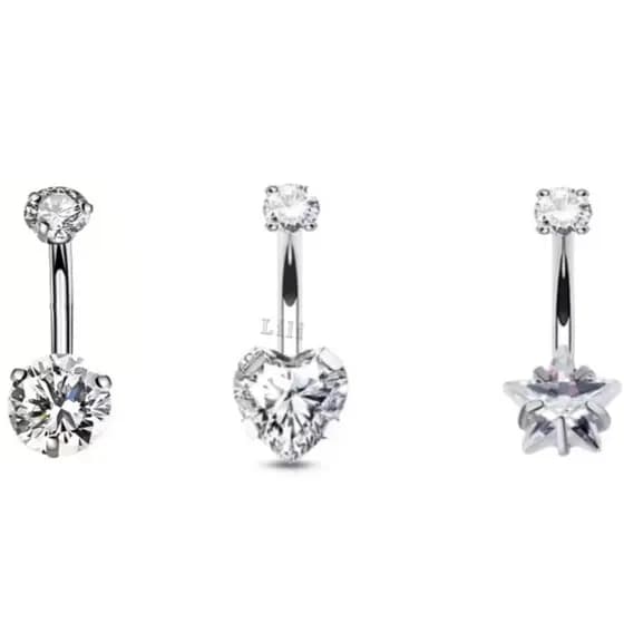 Kit Piercing de Umbigo Zircônias de Estrela/Coração em Aço Cirúrgico Rosca interna