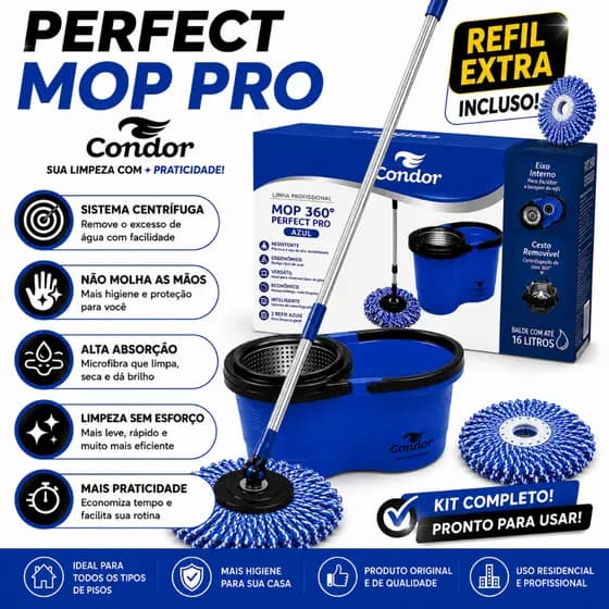 Mop Esfregão Giratório 360° Condor Perfect Mop Pro Balde 16L Cabo Grande Centrífuga Inox Com Refil Extra