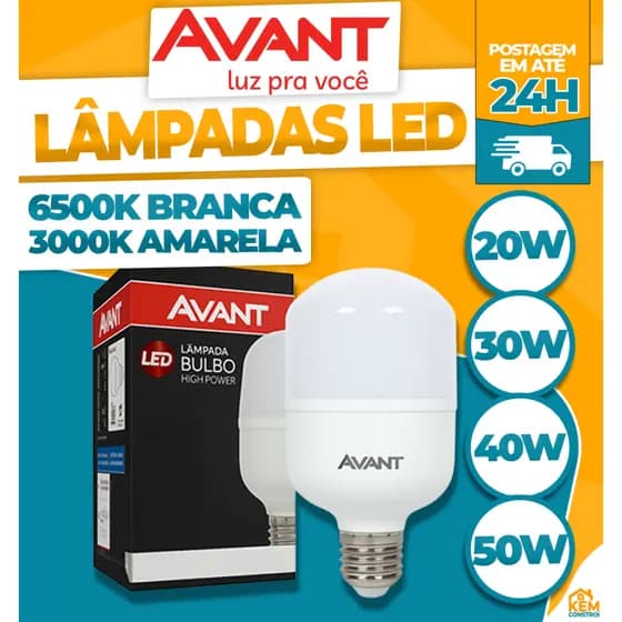 Kit Lâmpada LED Alta Potência 20w/30w/40w/50w E27 Bivolt Forte 6500K/3000k Luz Quente Fria Avant