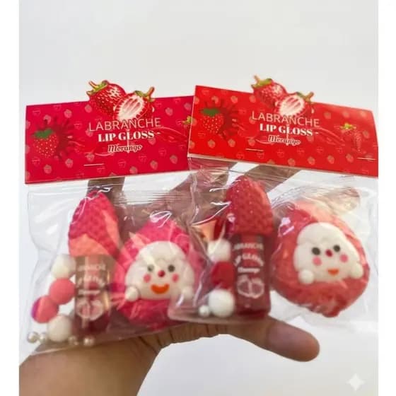 Lip Gloss Labranche Morango com Squishy Fofo e 4 MINI Pompom HIdratante Labial de Morango