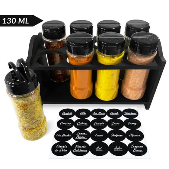 Kit Porta Tempero Mesa Madeira + 8 Potes Tampa Dosadora + Etiquetas - Jogo Completo para Cozinha