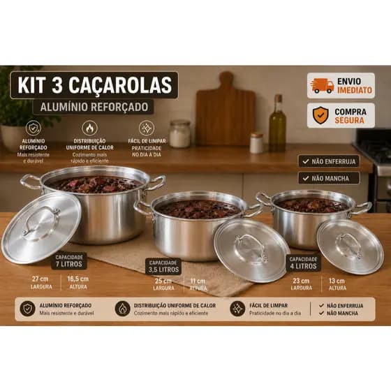 Kit 3 Caçarolas, 22cm/24cm/26cm Alumínio Polido Reforçado com Tampa, para restaurantes e festas