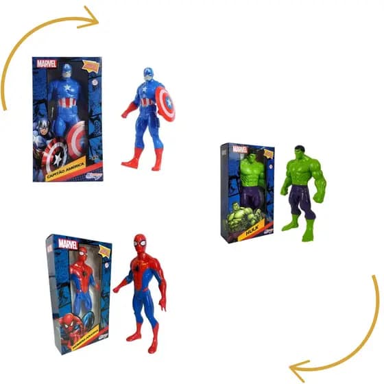 Kit 3 Bonecos Articulado Marvel Vingadores 22cm (Homem Aranha/Capitão Amérrica/Hulk) - Allseasons