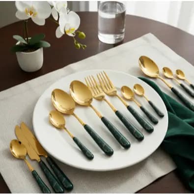 Kit 24 Talheres Marble Gold Garfos, Facas E Colheres