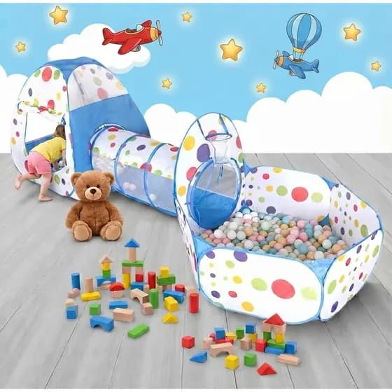 Barraca Toca Infantil Túnel com cercado piscina de bolinhas Casinha Tenda Meninos 3 em 1 cesta banquete vários cores