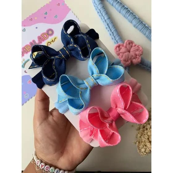 Faixinha Cabelo Baby Menina Rn/Kit com 3 unidades/Laço Jeans Maternidade