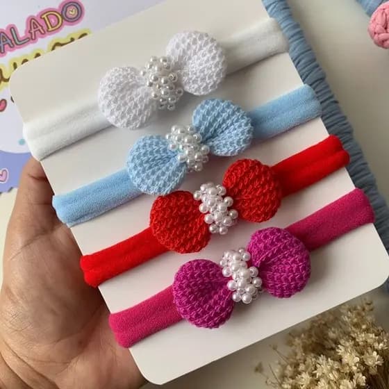 kit 4 Faixinhas de Cabelo Croche (Rn até 2 anos)na meia de seda