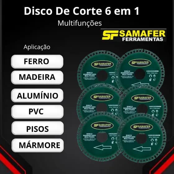 6 em 1 Kit 6 Discos Corte Diamantado Multifunção Madeira/Alumínio/Pvc/Pisos/Azulejos/Mármores/Granito/Ferro Corta Tudo