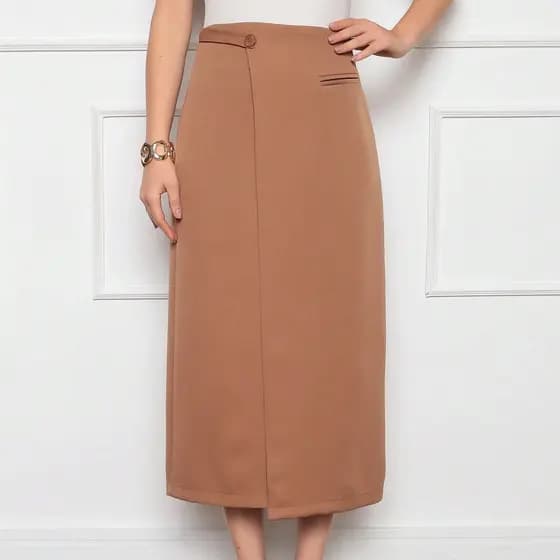 Saia Midi feminina Detalhe lateral Bolso falso ziper atrás