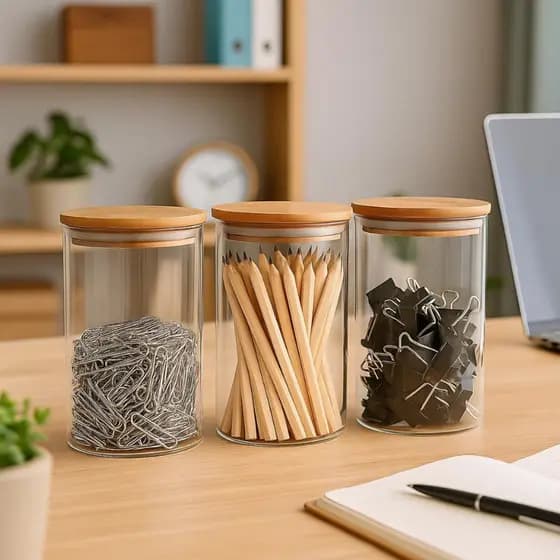 Kit 3 Potes de Vidro com Tampa de Bambu 1000ml 600ml Organização Clips Canetas Grãos Escritório Grampos Elásticos Lápis
