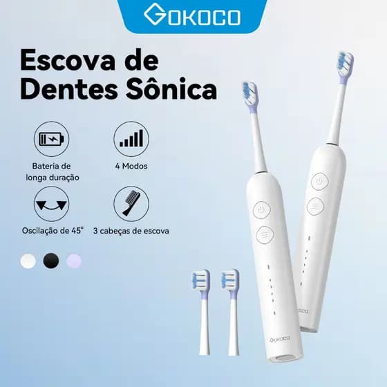 GOKOCO Escova de dentes elétrica sônica Movimento de varredura 45°evibrações alta frequência Quatro modos e três níveis