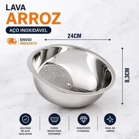Escorredor Lava Arroz Inox Multiuso 24cm Ideal para Cozinha Lavar Tudo Arroz Alimentos Aço Inoxidável